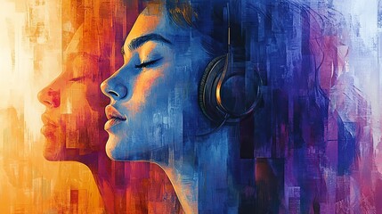 Artistic portrait of a woman with headphones, immersed in music, showcasing vibrant colors and brushstrokes.