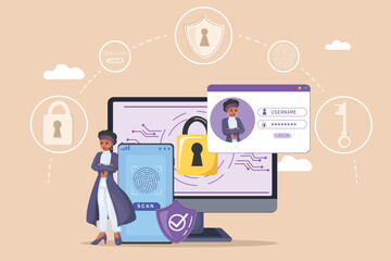 Multi-Factor Authentication Security: A businesswoman Overseeing Fingerprint Scanning on a Mobile Device and Password Login on a Computer, Protected by Locks and Security Shields.