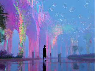 Figure in architectural space with iridescent vines and ethereal atmosphere with water reflection, dreamy light.