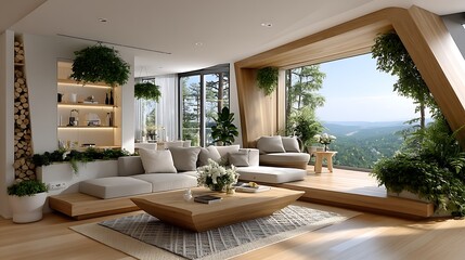 Fototapeta premium Stylish eco-friendly interior design with panoramic window view high resolution picture