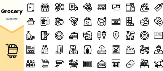A collection of grocery icons, featuring various food items, shopping carts, and delivery symbols in a minimalist design, ideal for modern interfaces.