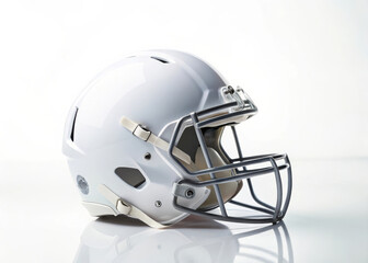 Fototapeta premium Minimalist white football helmet with gray faceguard on clean white background, showcasing modern design and protective sports gear for athletes