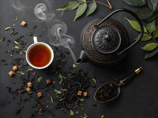 Tea and teapot On a black background