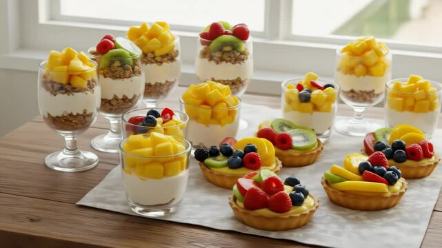 Fruit tarts and yogurt parfaits with berries on table near window