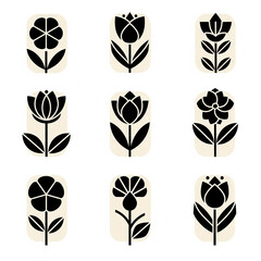 Fototapeta premium Graphic flower and leaves icons. Simple geometric flower icons.