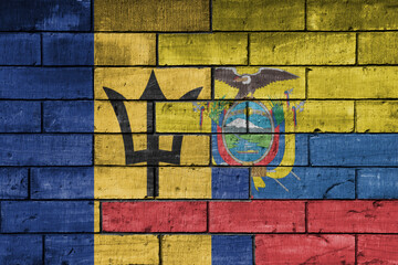 colourful painted big national flag of barbados and flag of ecuador on a massive old brick wall background. concept