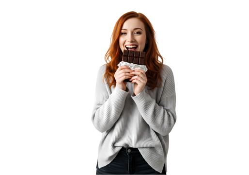 Redhead Woman Enjoying Delicious Chocolate Bar  Happy Sweet Treat isolated on transparent background