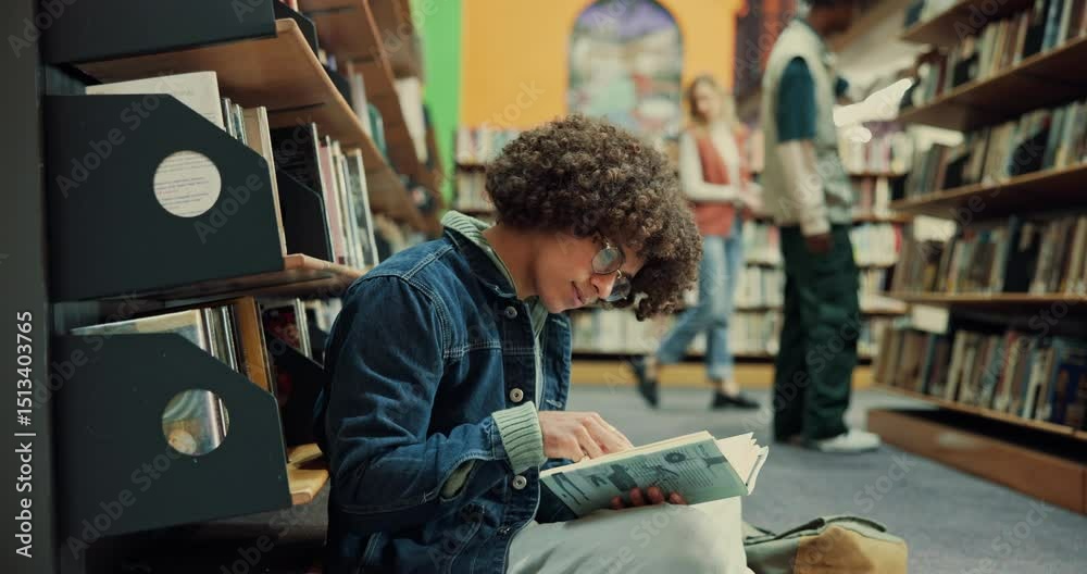 Aufkleber Student, thinking and reading a book in library for test preparation, study insight or knowledge. College, man and course resources on floor with thesis citation, research solution or learning wisdom