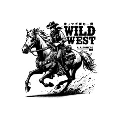 Fototapeta premium Wild West Cowboy Riding Horse Vector Vintage Western Rodeo Style Black and White Illustration with Hat, Scarf, and Guns