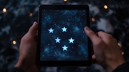 Hands holding a tablet displaying a star rating interface on a minimal background.