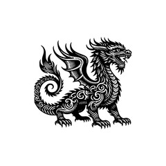 Obraz premium Tribal Dragon Vector Illustration Mythical Creature in Black and White Tattoo Style with Ornamental Swirls and Wing Details