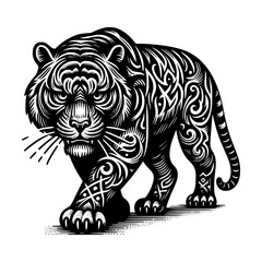 Fototapeta premium Tribal Tiger Vector Illustration Black and White Tattoo Style Animal Art with Ornamental Swirls and Bold Lines