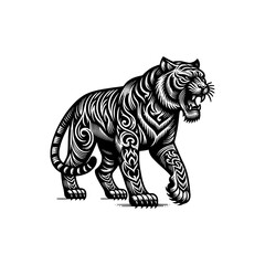 Obraz premium Tribal Tiger Vector Illustration Black and White Tattoo Style Animal Art with Ornamental Swirls and Bold Lines