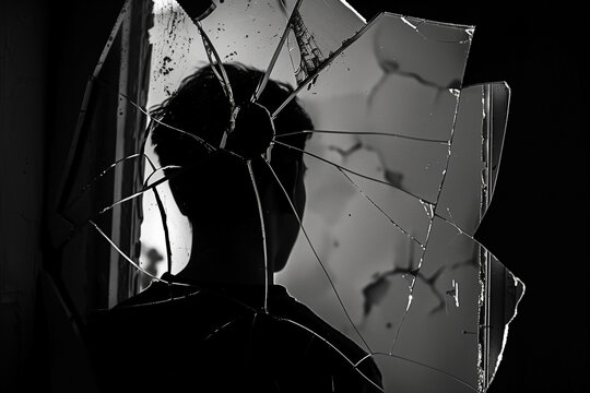 Distorted reflection in shattered glass, a figure shrouded in shadow, captures the essence of fragmentation and inner turmoil.