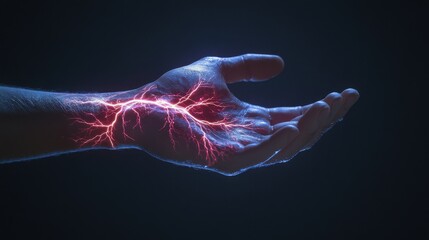 Obraz premium Awardwinning studio shot, medical, sharp electric pain effect, one hand holding back pain, simple and minimal dark background
