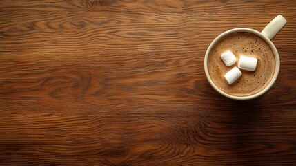 Cocoa chocolate cup with hot drink and white marshmallow on wood desk cozy background, cacao in mug on brown wooden rustic table, holiday coffee house shop, above top overhead view, copy space illust