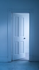 A Slightly Open Doorway in a Blue Room, Leading to an Unknown Space.