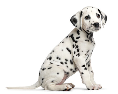 A dalmatian puppy sitting on a white background looking to the side with a curious expression on its face