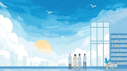Fototapeta premium Doctors observe cityscape. Bright, sunny day, with cloud formations. Calm, peaceful scene, birds in sky.