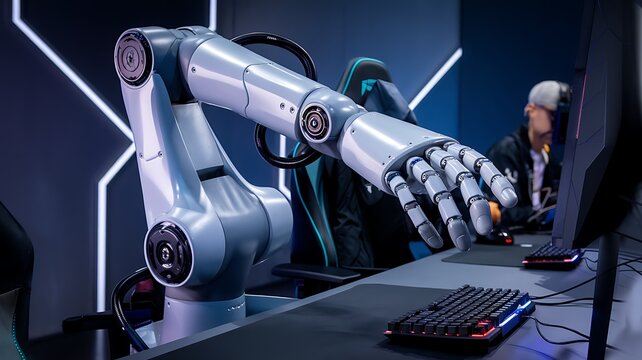 Robotic arm assisting a gamer with virtual reality in a modern workspace with advanced technology and artificial intelligence