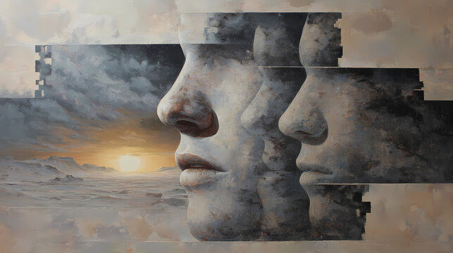 book art for dream interpretation | ego multiplicity | metaphysical tension | sun-bleached surreal tones | dispersed dreamscape | distorted faces | layered subconscious contrast | hyper-defined edges