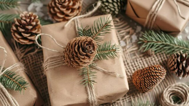 Wrapped gifts with twine, greenery, and pinecone accents create a rustic, natural, and festive look, perfect for holiday giving and adding a touch of nature.