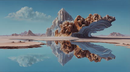 symbolic design for conceptual poetry | self-aware illusion | psychic unease | burnt sienna and cyan | dispersed dreamscape | mirrored desert | reflected impossibility | melting form modeling | inner