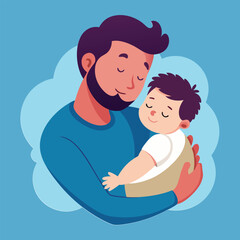 Sleeping Dad with Baby Curled on His Chest Vector Illustration