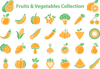 Stylized collection of fruits and vegetables including citrus, greens, and berries