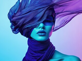 Fashion portrait of a woman wearing a stylish blue headscarf with a futuristic vibe under neon lights.