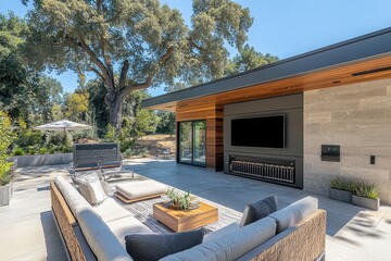 Luxury backyard with tv and fireplace on a sunny day. Great for showing outdoor living spaces and modern home designs.