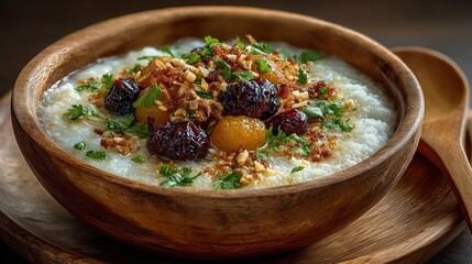Close-up of delicious rice porridge with dried fruit in wooden bowl presentation