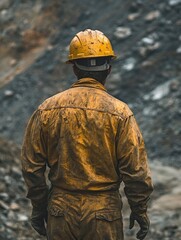 Laborer in soiled workwear and safety hardhat surveys a stone quarry on a grey day. Rugged and industrious.