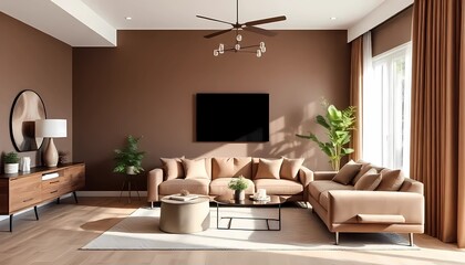 Modern interior design with Pantone 2025 Colour of the Year Mocha Mousse. Brown walls, accent colors of furniture and a well seasoned room.