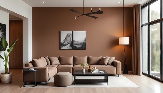 Modern interior design with Pantone 2025 Colour of the Year Mocha Mousse. Brown walls, accent colors of furniture and a well seasoned room.