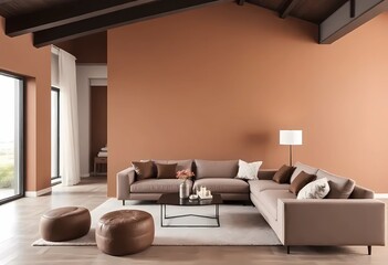 Modern interior design with Pantone 2025 Colour of the Year Mocha Mousse. Brown walls, accent colors of furniture and a well seasoned room.