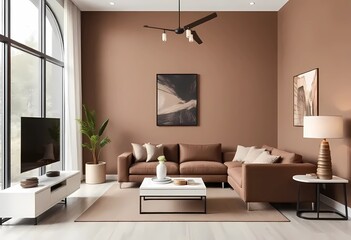 Modern interior design with Pantone 2025 Colour of the Year Mocha Mousse. Brown walls, accent colors of furniture and a well seasoned room.