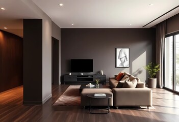 Living room interior in Mocha mousse tones, minimalist design hallway, home concept, sofa, modern house	

