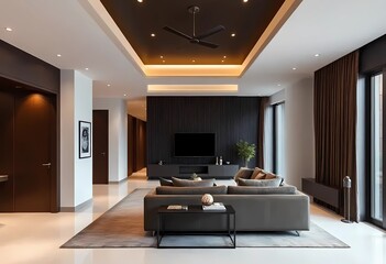 Living room interior in Mocha mousse tones, minimalist design hallway, home concept, sofa, modern house	
