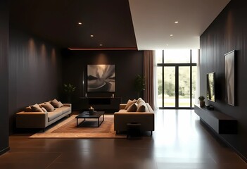Living room interior in Mocha mousse tones, minimalist design hallway, home concept, sofa, modern house	
