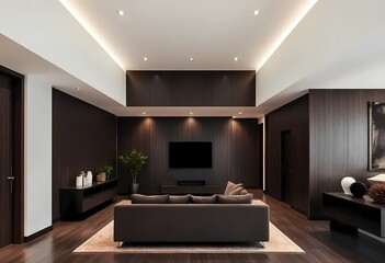 Living room interior in Mocha mousse tones, minimalist design hallway, home concept, sofa, modern house	
