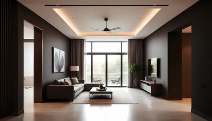 Living room interior in Mocha mousse tones, minimalist design hallway, home concept, sofa, modern house	
