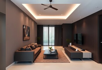 Living room interior in Mocha mousse tones, minimalist design hallway, home concept, sofa, modern house	

