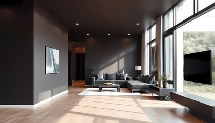 Living room interior in Mocha mousse tones, minimalist design hallway, home concept, sofa, modern house	
