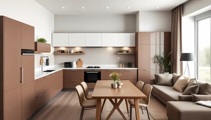 Modern color of the year 2025 Mocha Mousse, chocolate shades of Mocha Mousse. Brown walls, accent colors of furniture and a well-lit room. Elegant kitchen with large table and chairs 