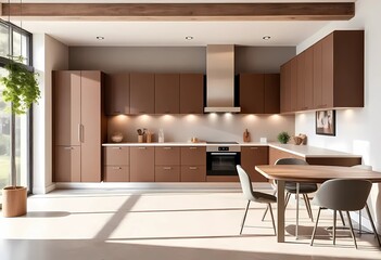 Modern color of the year 2025 Mocha Mousse, chocolate shades of Mocha Mousse. Brown walls, accent colors of furniture and a well-lit room. Elegant kitchen with large table and chairs 