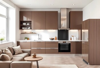 Modern color of the year 2025 Mocha Mousse, chocolate shades of Mocha Mousse. Brown walls, accent colors of furniture and a well-lit room. Elegant kitchen with large table and chairs 