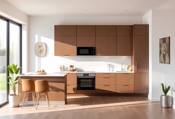 Modern color of the year 2025 Mocha Mousse, chocolate shades of Mocha Mousse. Brown walls, accent colors of furniture and a well-lit room. Elegant kitchen with large table and chairs 