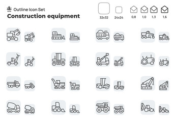 Construction and road equipment. Concept editable stroke outline icons set isolated on white background flat vector illustration. Pixel perfect
