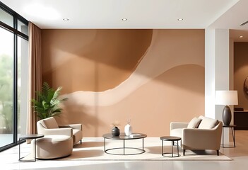 Modern interior design with Pantone 2025 Colour of the Year Mocha Mousse. Brown walls, accent colors of furniture and a well-lit room